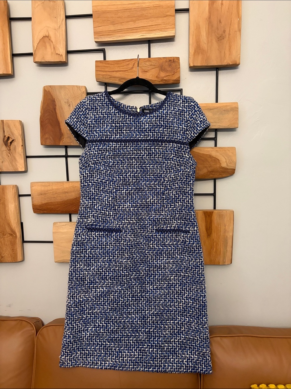 Karl Lagerfeld Navy and White Tweed Cap-Sleeve Shift Dress